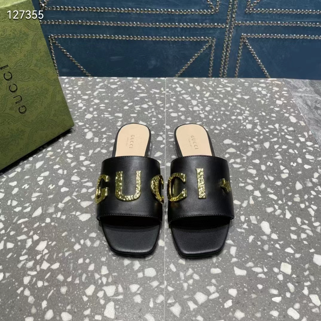 Gucci Women GG Slide Sandal Black Leather Textured Logo Star Flat 1 Cm Heel