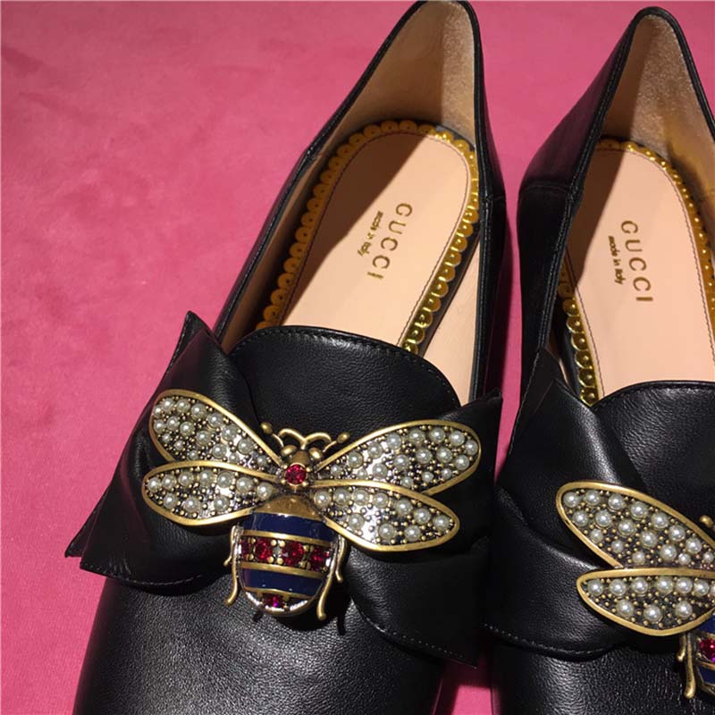 Gucci Women Shoes Leather Ballet Flat with Bow 10mm Heel-Black