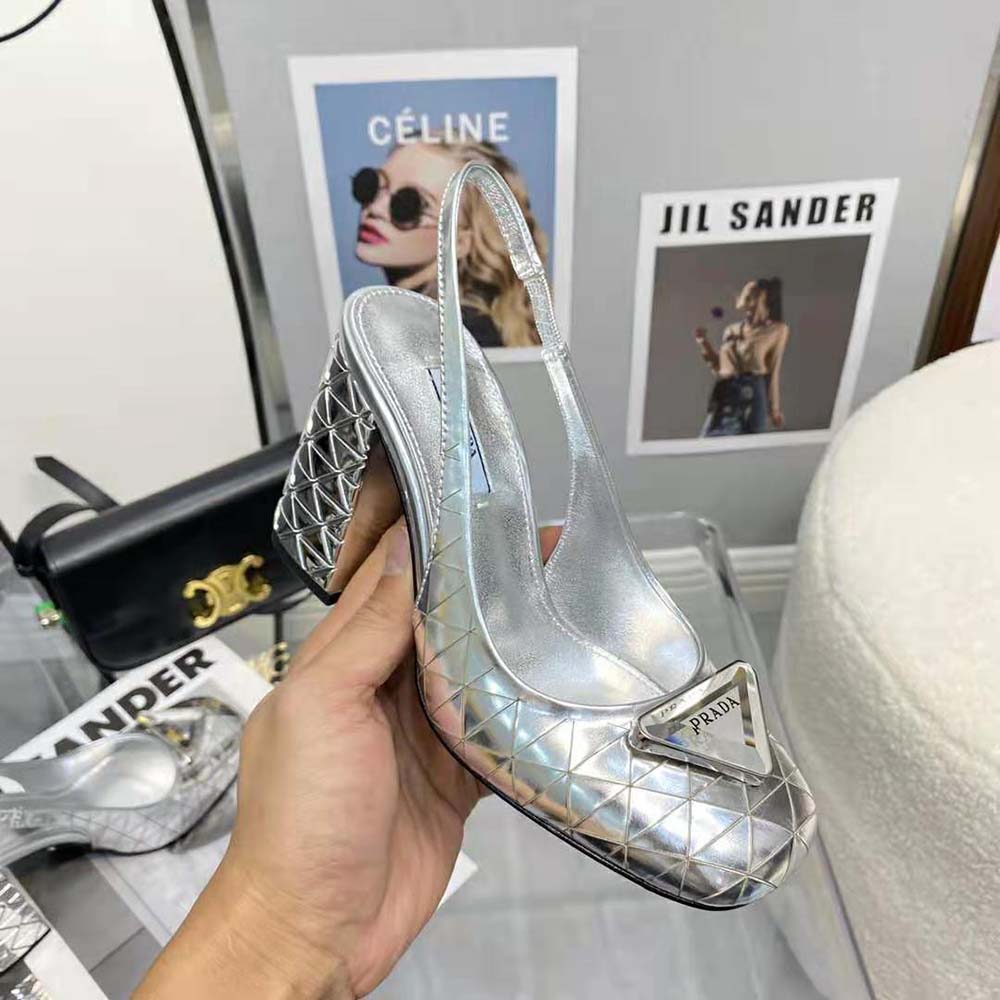 Prada Women Metallic Leather Slingback Pumps-Silver