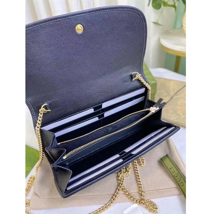 Gucci Women GG Blondie Continental Chain Wallet Black Leather Round Interlocking G