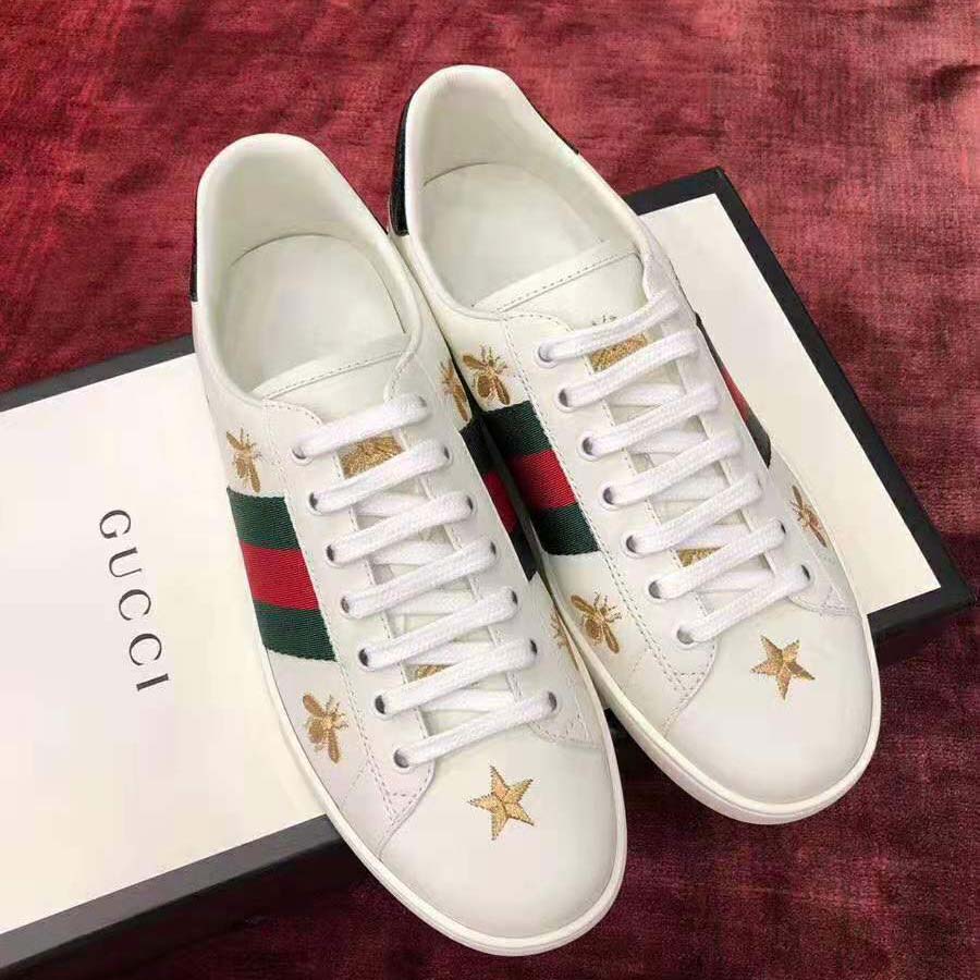 Gucci Men’s Ace Embroidered Sneaker in White Leather with Bees and Stars