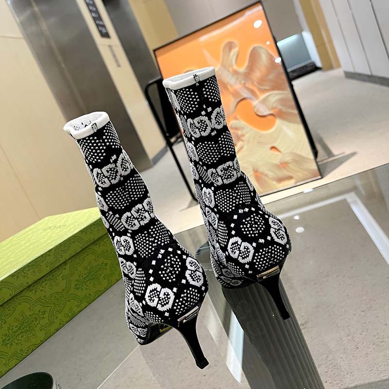 Gucci Women GG Knit Ankle Boots Black White GG Technical Fabric Leather Mid-Heel