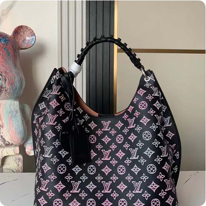 Louis Vuitton LV Women Carmel Hobo Bag Black Perforated Mahina Calf Leather