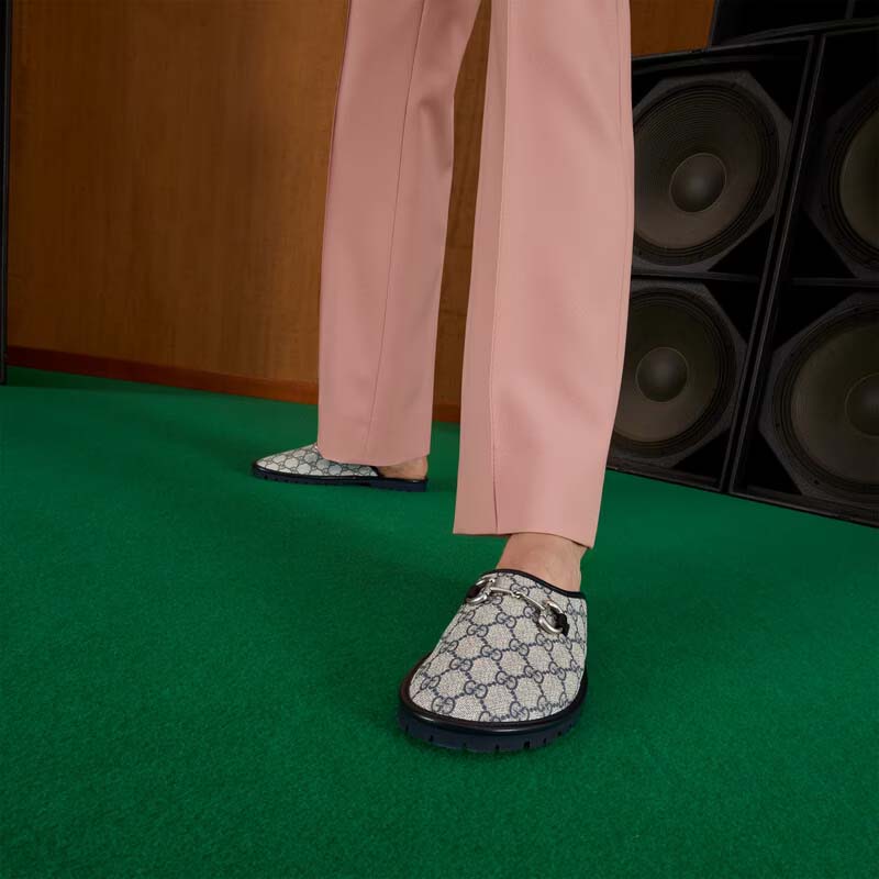 Gucci Unisex Slipper Blue Beige GG Supreme Canvas Rubber Sole Low 1 Cm Heel
