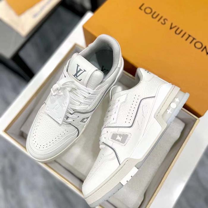 Louis Vuitton Unisex LV Trainer Sneaker White Grained Calf Leather Rubber Initials Monogram Flowers