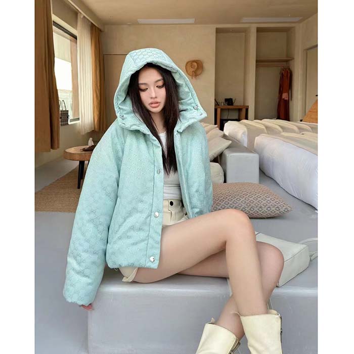 Gucci Women GG Canvas Hooded Bomber Jacket Pale Blue Two Side Pockets Padded Drawstring Hem