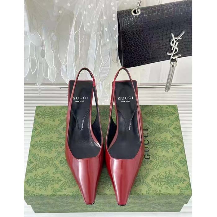 Gucci Women GG Slingback Pump Dark Red Leather Interlocking G Square Upper Mid-Heel