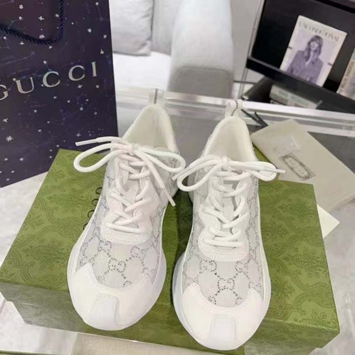 Gucci Unisex GG Gucci Run GG Crystal Mesh Sneaker White Suede Mid 6 CM Heel