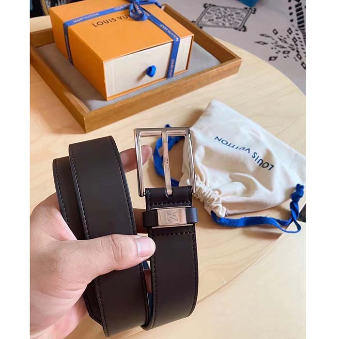 Louis Vuitton Unisex LV City Pin 35 MM Belt Brown Calf Leather Silver Color Hardware
