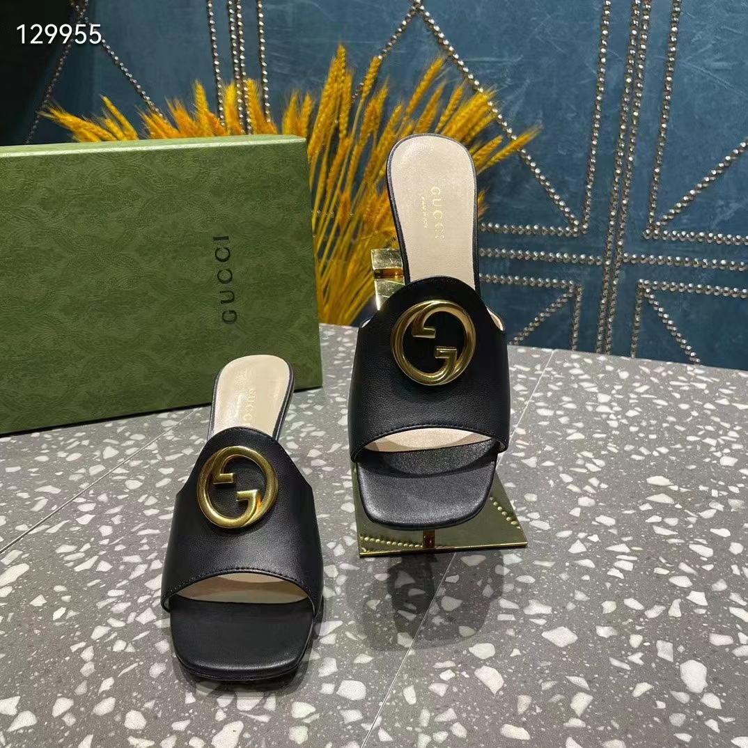 Gucci Women GG Blondie Slide Sandal Black Leather Metallic Mid Heel 6.6 Cm Heel