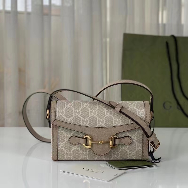 Gucci Unisex GG Horsebit 1955 Mini Bag Beige White GG Supreme Canvas