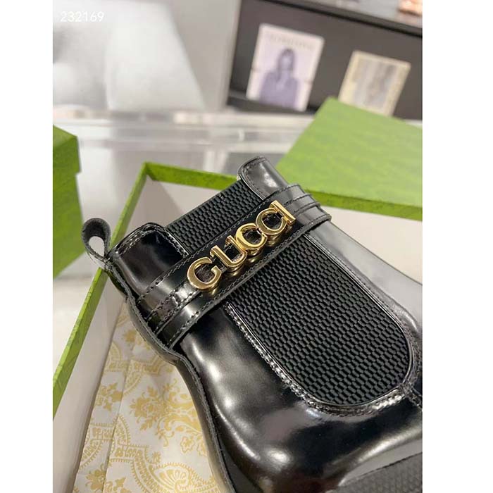 Gucci Women GG Mid-Heel Boot Logo Black Shiny Leather Heel Loop Pull Lug Rubber