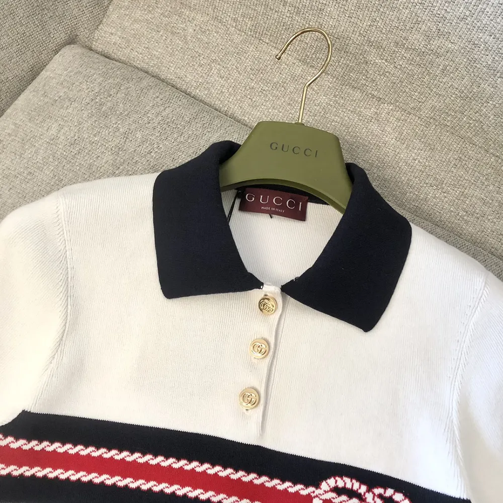 Gucci Women Cotton Stitch Polo Top with Intarsia ‎835916XKEVH