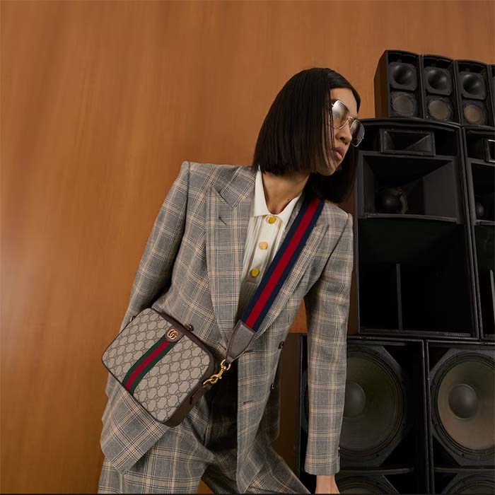 Gucci Unisex Ophidia GG Shoulder Bag Beige Ebony GG Supreme Canvas Double G