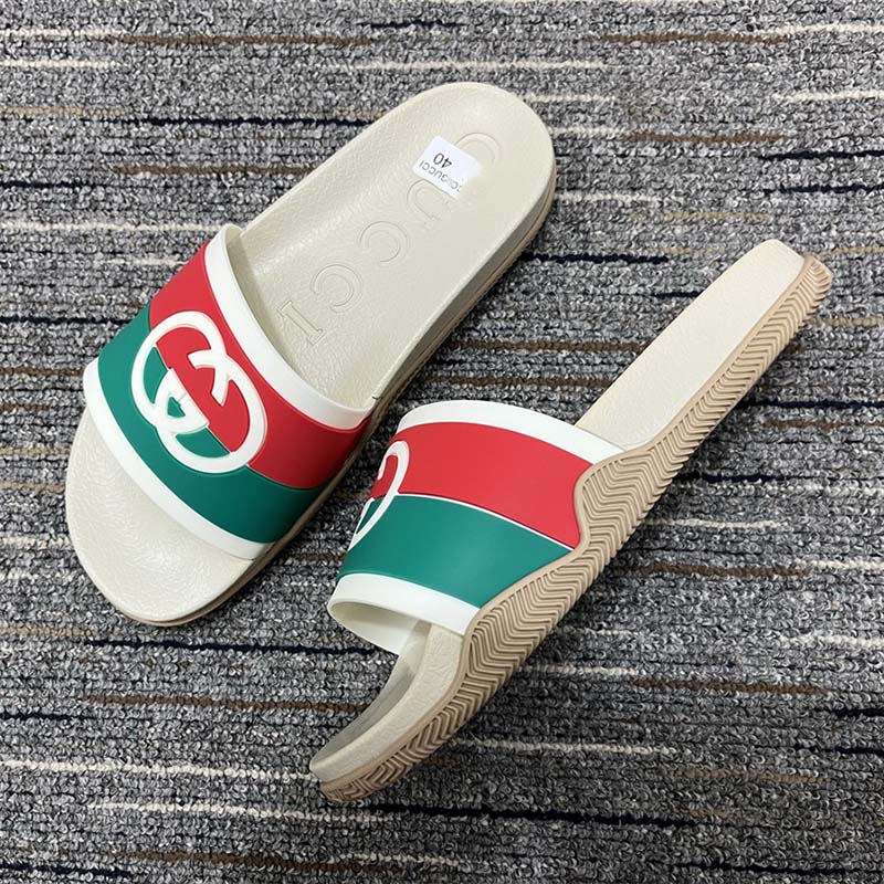 Gucci Women Interlocking G Slide Sandal Striped Rubber White Footbed Rubber Sole Flat