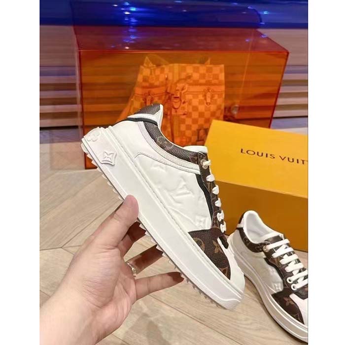 Louis Vuitton Unisex LV Time Out Sneaker White Calf Leather Patent Monogram Canvas