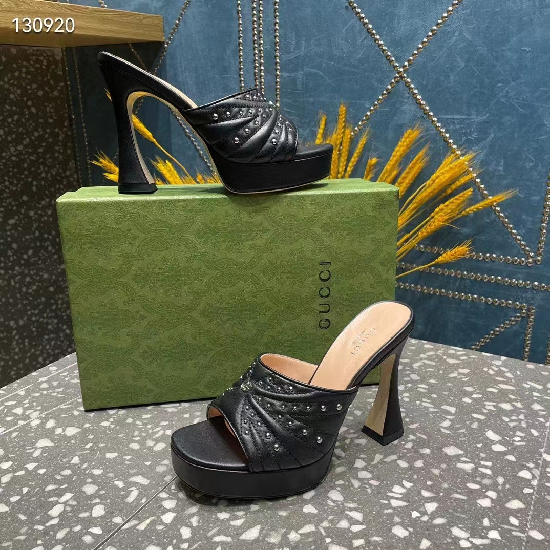 Gucci Women GG Heeled Slide Sandals Black Leather Studs Spool High 15 Cm Heel