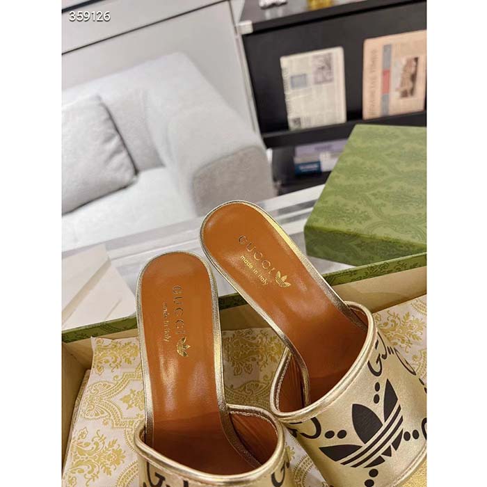 Gucci Women Adidas x Gucci Slide Sandal Gold Metallic GG Trefoil Smooth Leather