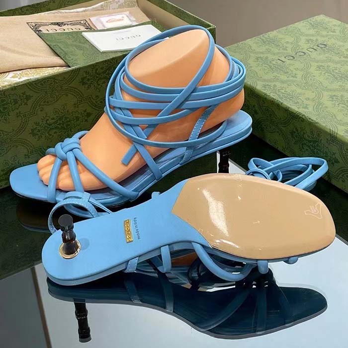Gucci Women GG Strappy Sandal Bamboo Pastel Blue Leather Bamboo Low Heel