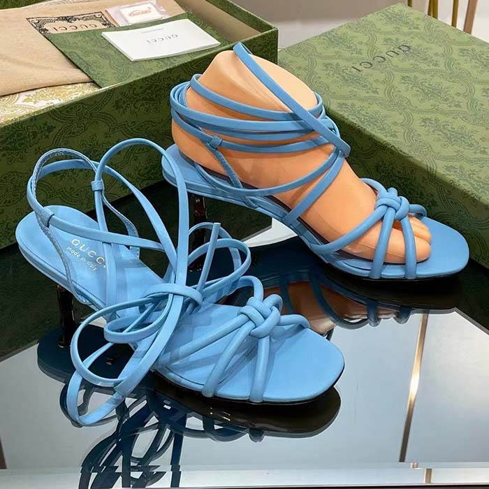 Gucci Women GG Strappy Sandal Bamboo Pastel Blue Leather Bamboo Low Heel