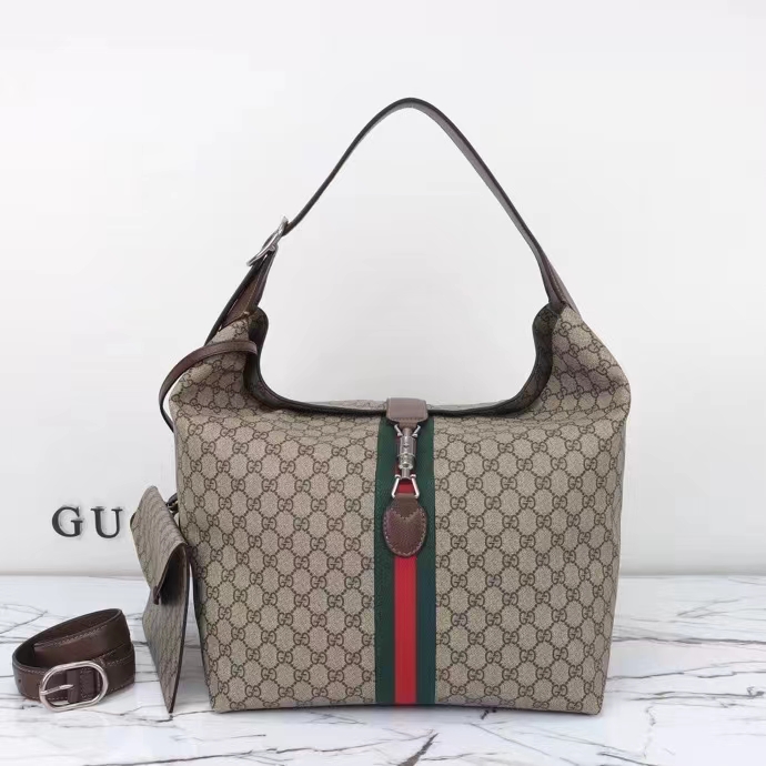 Gucci Unisex Jackie 1961 Medium Shoulder Bag Beige Ebony GG Supreme Piston Closure