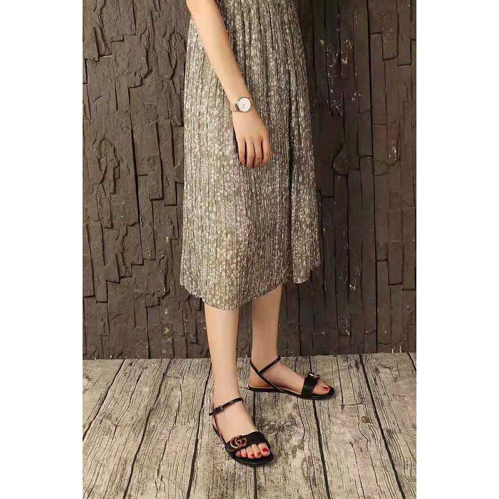 Gucci Women Leather Sandal with Double G-Black