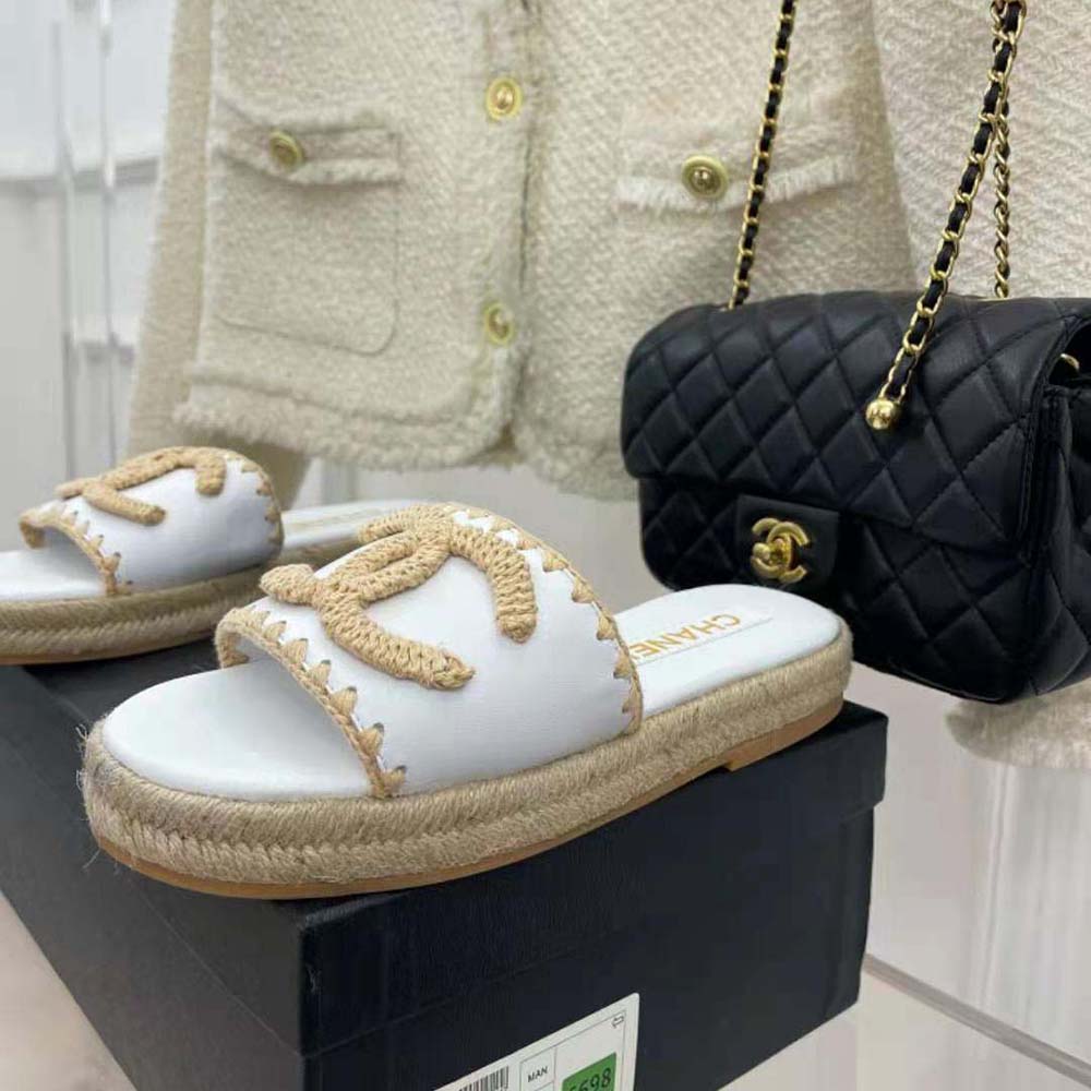 Chanel Women Mules Lambskin Beige & White