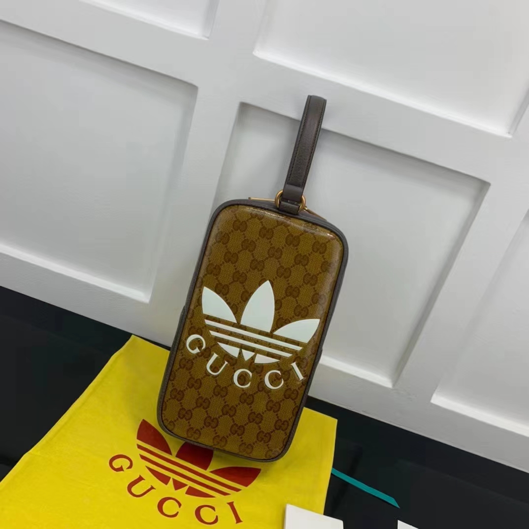 Gucci Unisex Adidas x Gucci Mini Top Handle Bag Beige Brown GG Crystal Canvas