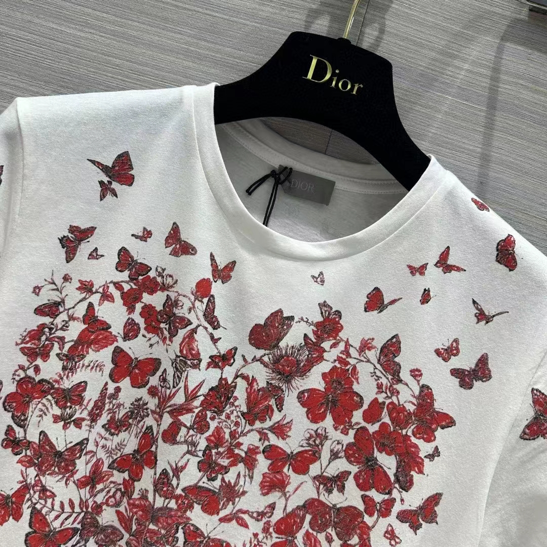 Dior Men CD T-Shirt White Cotton Jersey Red Le Cœur Des Papillons Motif