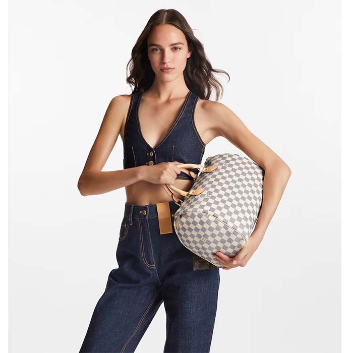 Louis Vuitton LV Unisex Speedy 30 Damier Azur Coated Canvas Natural Cowhide Leather