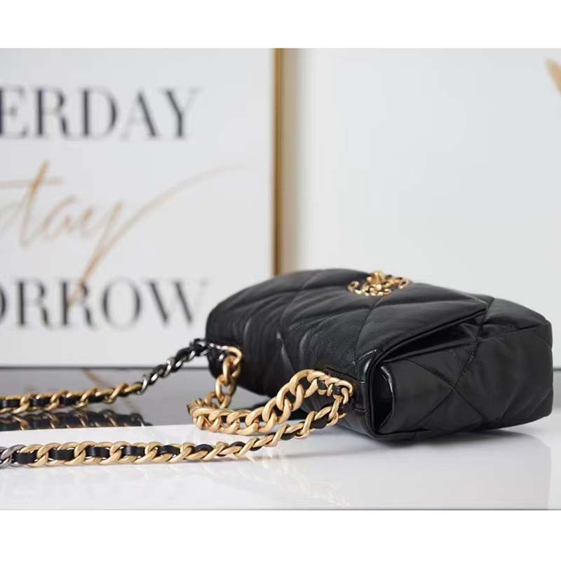 Chanel Women 19 Handbag Lambskin Gold Silver-Tone Ruthenium-Finish Metal Black