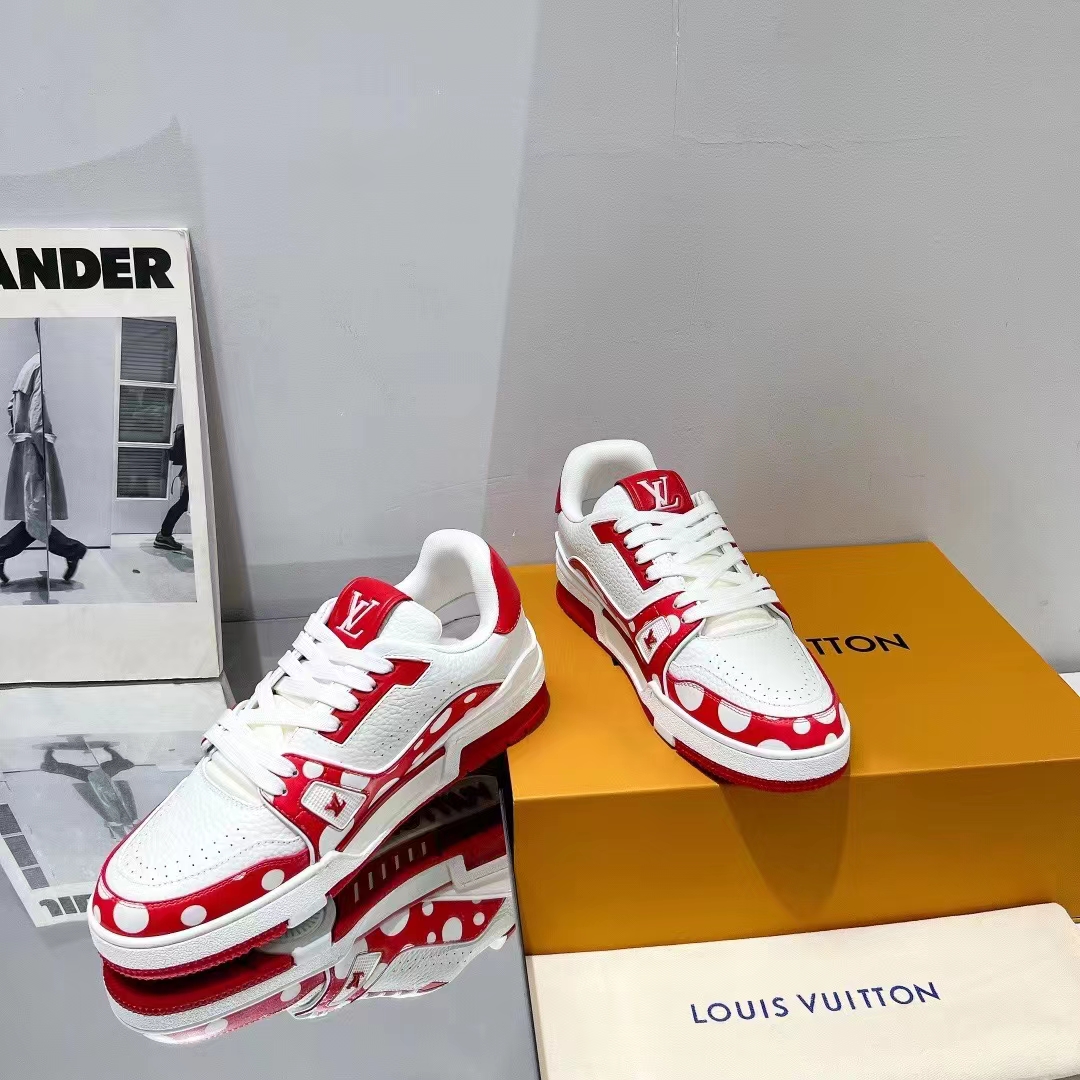 Louis Vuitton LV Unisex LV x YK LV Trainer Sneaker Red Calf Leather Rubber