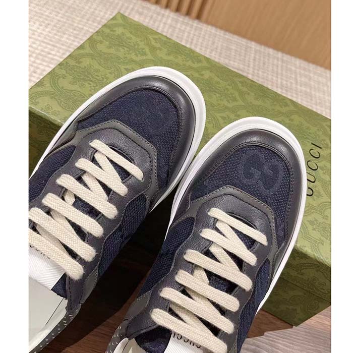 Gucci Unisex GG Lace Up Sneaker Grey Leather Blue Black GG Canvas