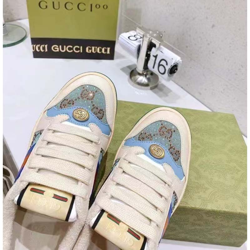 Gucci Unisex Screener Sneaker Crystals Brown Blue GG Canvas 3.6 cm Heel