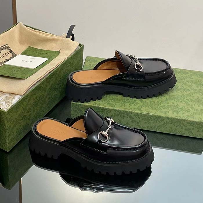 Gucci Women GG Mule Horsebit Black Leather Rubber Lug Sole Flat