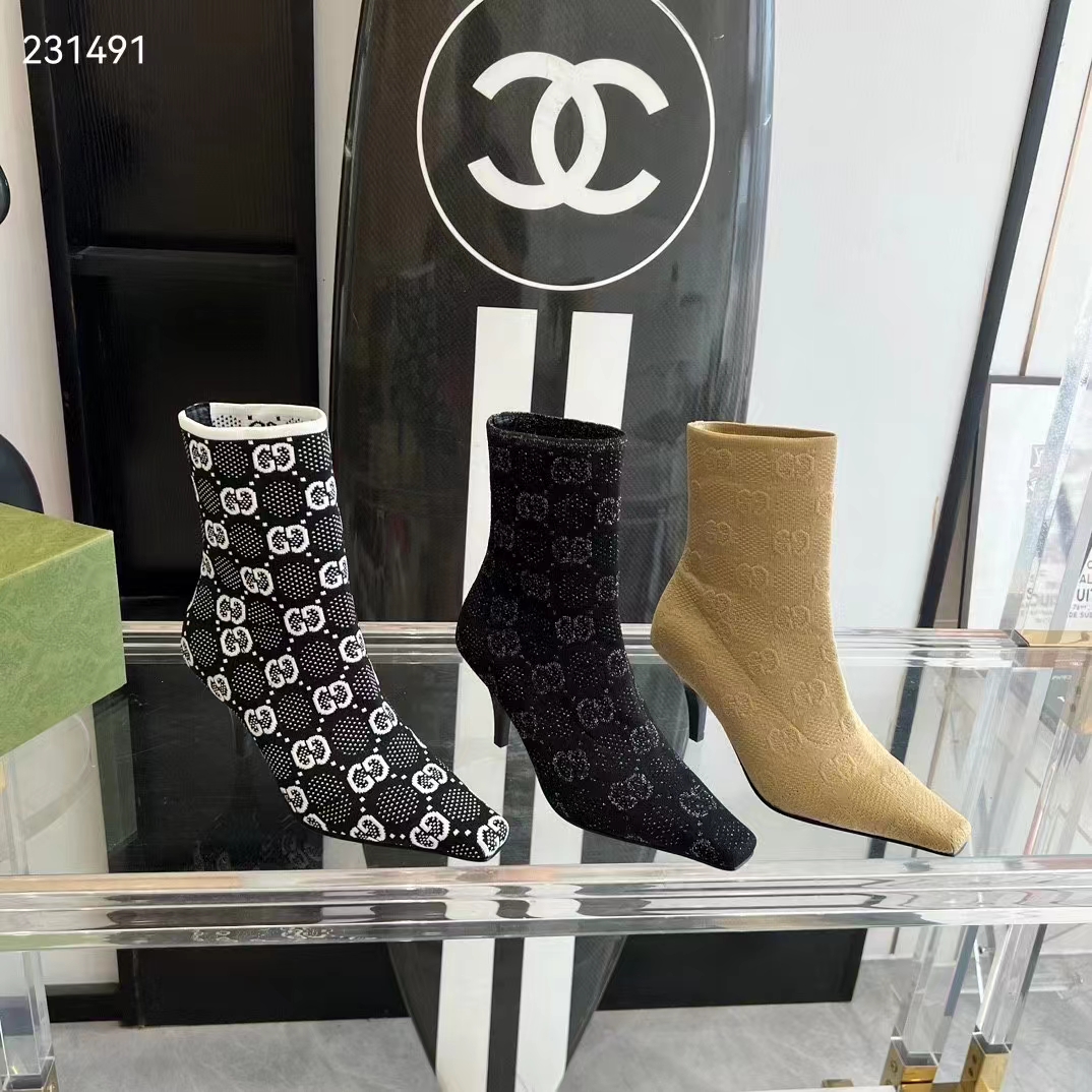 Gucci Women GG Knit Ankle Boots Beige GG Technical Knit Fabric Square Toe Leather Mid-Heel