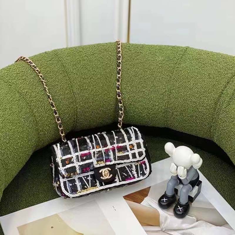 Chanel Women CC Classic Handbag Embroidered Satin Sequins Gold-Tone Metal