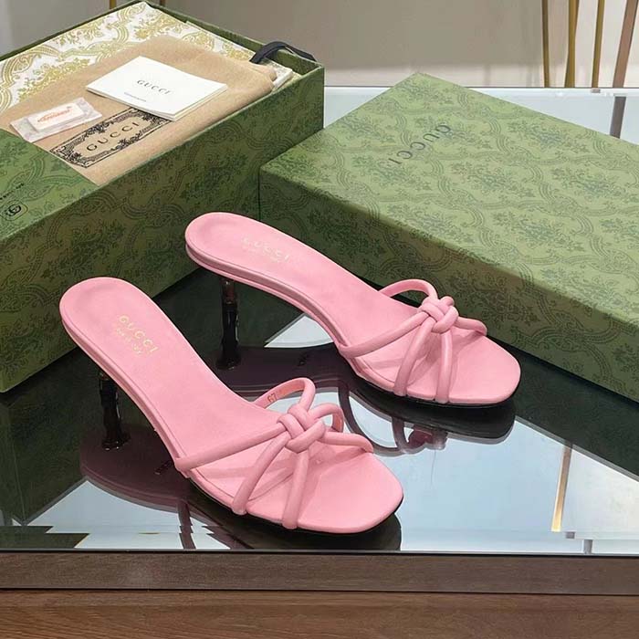 Gucci Women GG Slide Sandal Bamboo Pink Leather Bamboo Low Heel
