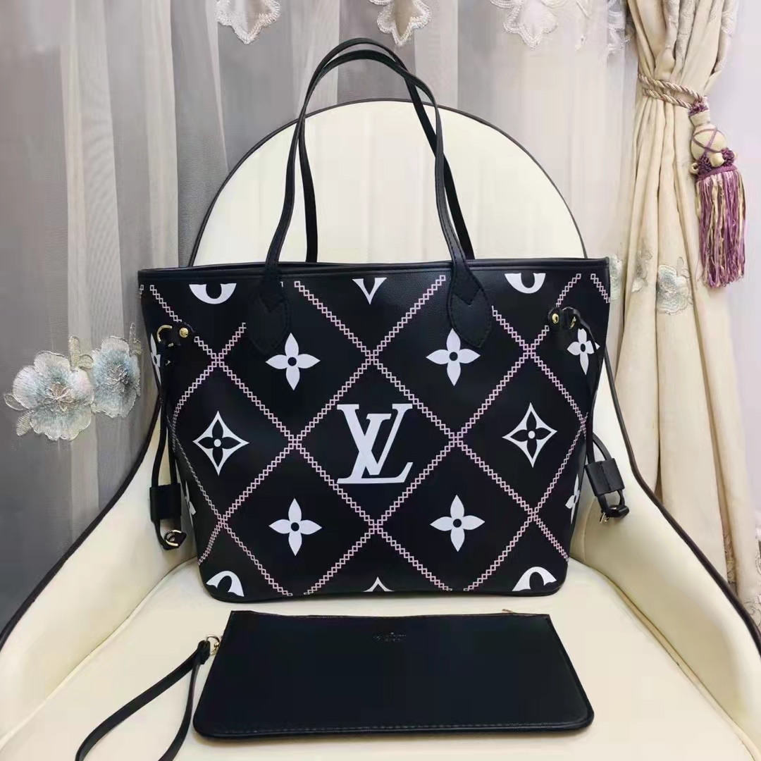 Louis Vuitton LV Women Neverfull MM Tote Black Pink Grained Cowhide Leather