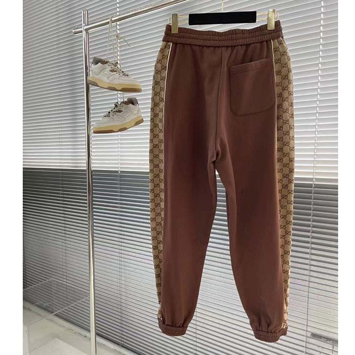 Gucci Men Cotton Jersey Sweatpants Brown Light GG Canvas Elastic Cuffs Relaxed Fit