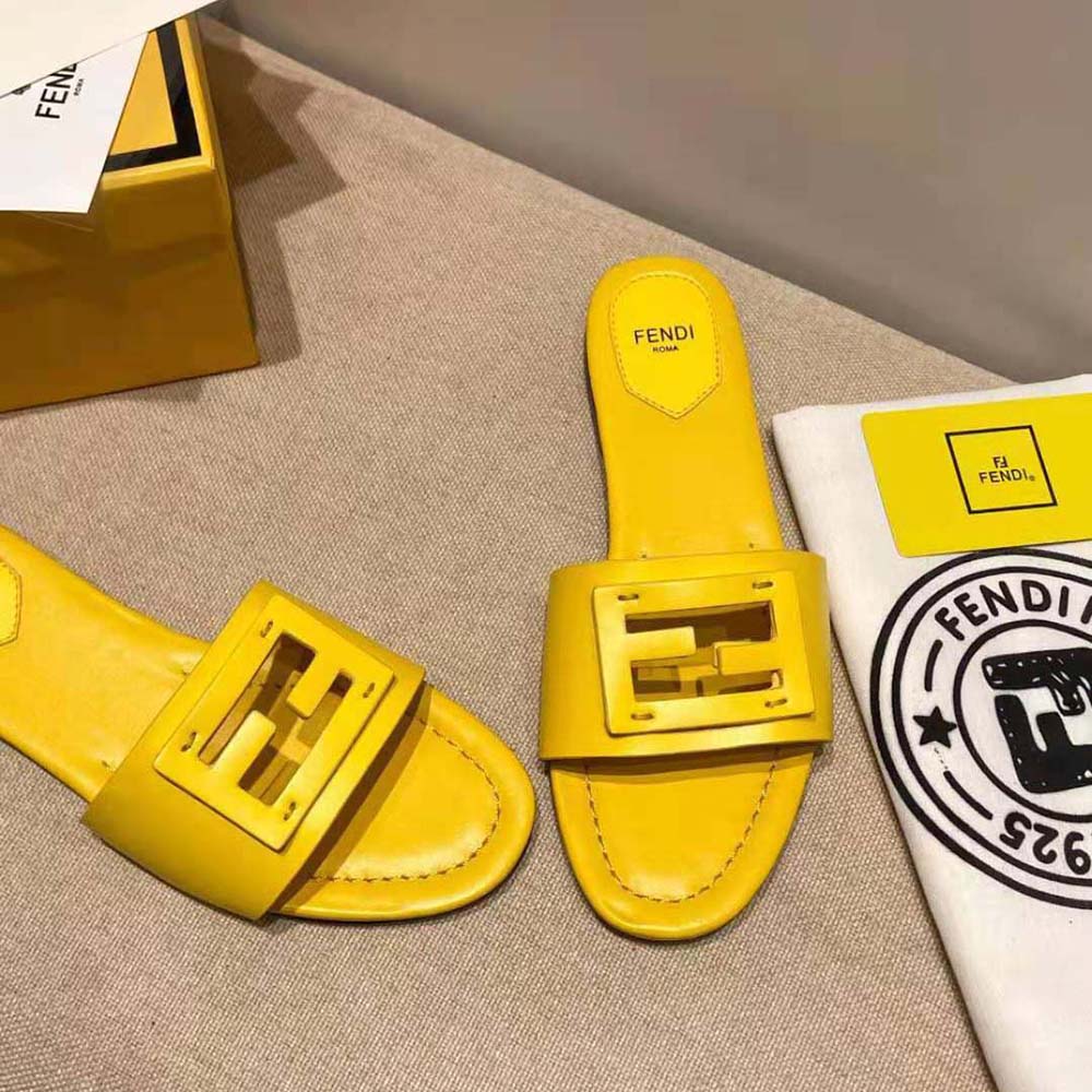 Fendi Women Signature Yellow Leather Slides in 0.4 inches Heel Height
