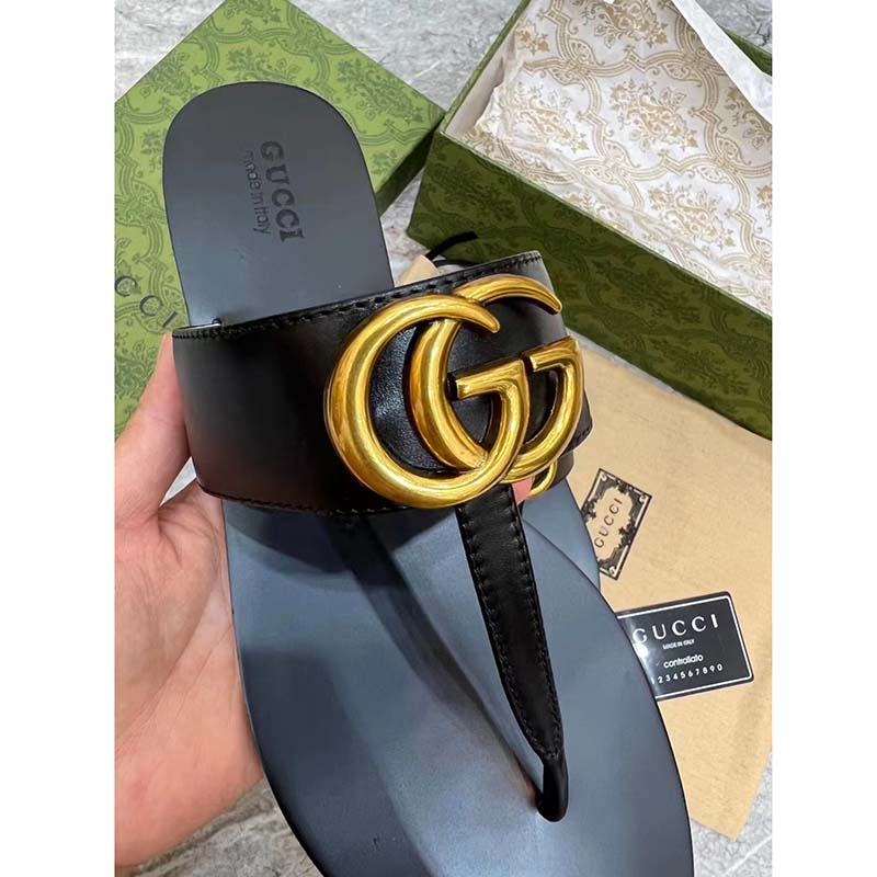 Gucci Women GG Leather Thong Sandal Double G Black Flat