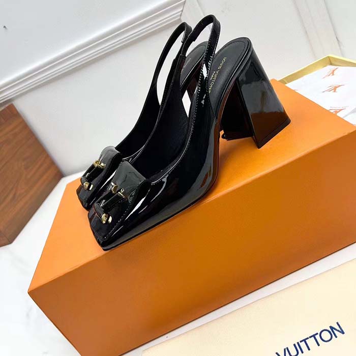 Louis Vuitton LV Women Shake Slingback Pump Black Patent Calf Leather Lambskin 9.5 Cm Heel