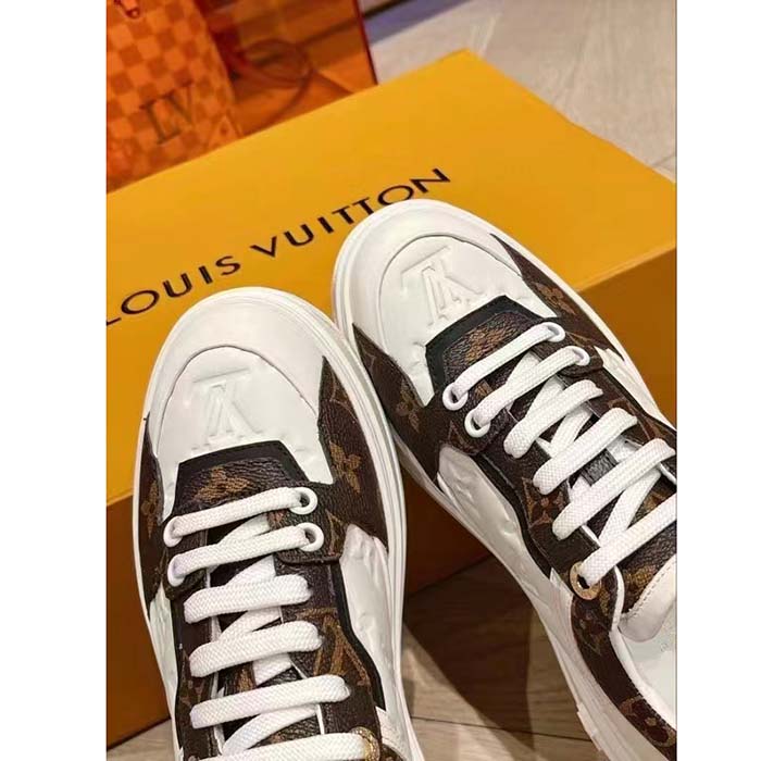 Louis Vuitton Unisex LV Time Out Sneaker White Calf Leather Patent Monogram Canvas