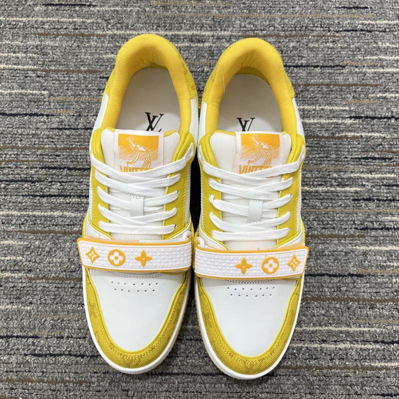 Louis Vuitton Unisex LV Trainer Sneaker Yellow Monogram Denim Rubber Outsole Monogram Flowers