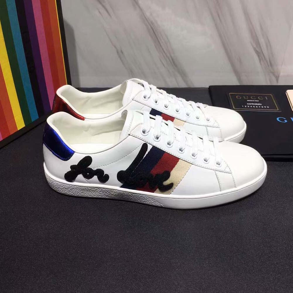 Gucci Men Ace Embroidered Sneaker Shoes in Leather with Sylvie Web-White