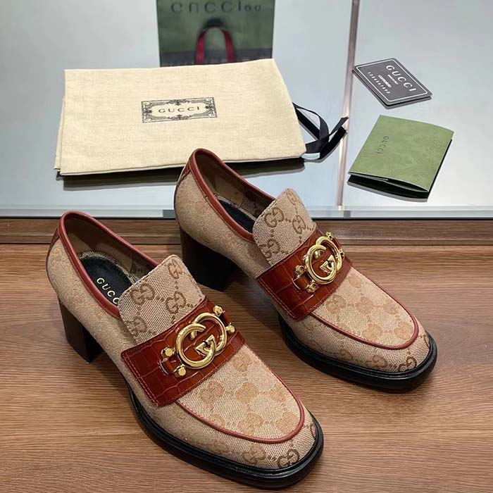 Gucci Women Loafer Interlocking G Beige Ebony Original GG Canvas Mid 5 Cm Heel