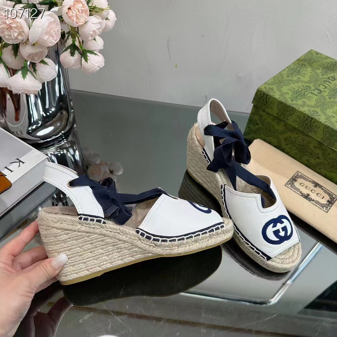 Gucci Women Espadrilles Ribbon Tie White Cotton Canvas Blue Interlocking G Embroidery