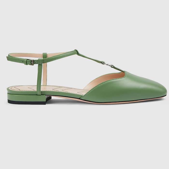 Gucci Women GG Double G Ballet Flat Light Green Leather Square Toe 1.5 CM Heel