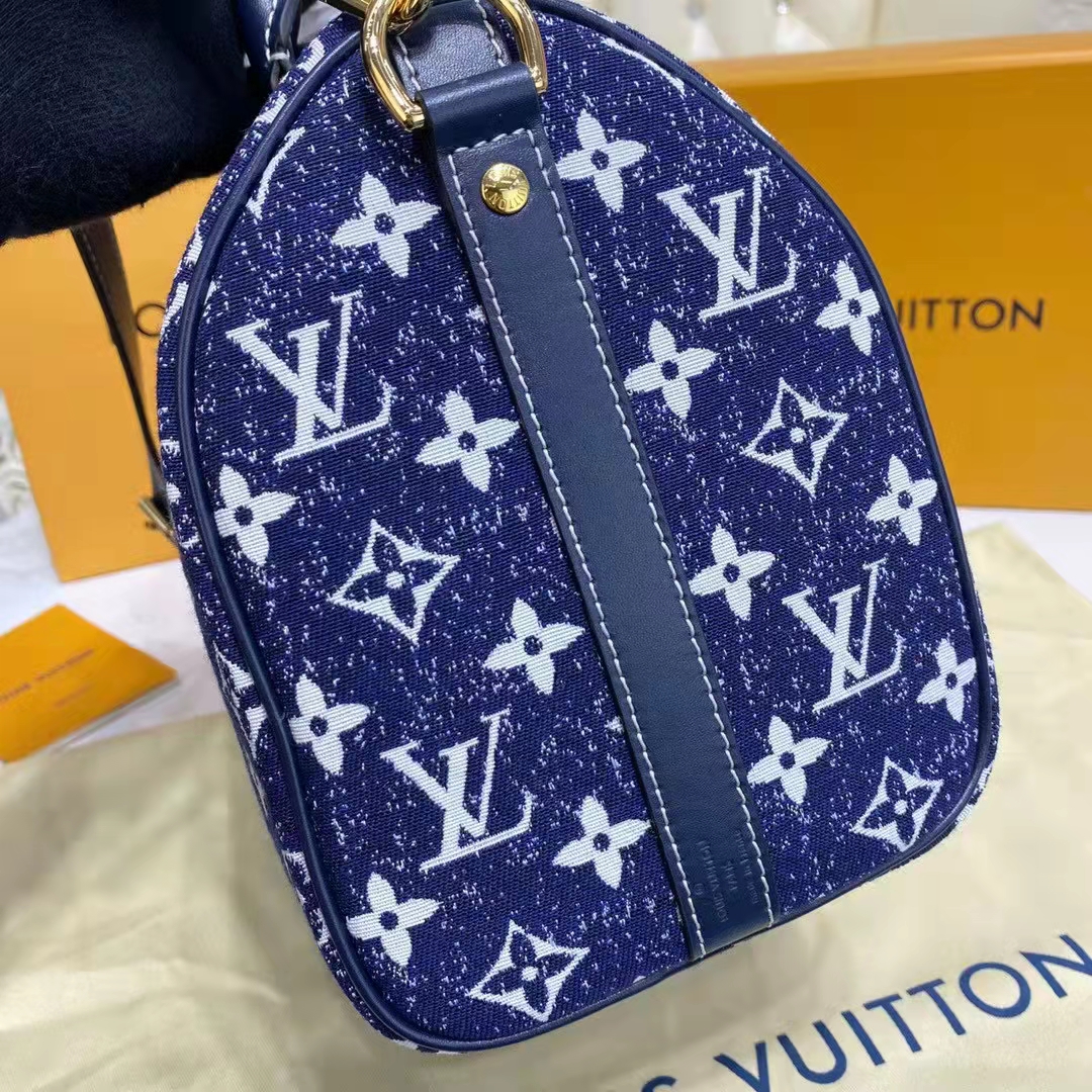 Louis Vuitton LV Women Speedy Bandoulière 25 Handbag Navy Blue Denim Jacquard Calfskin